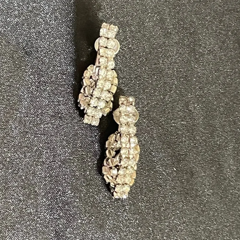 Vtg Mid-Century Clear Rhinestone Art Deco Clip Earrings Huggie Hoop Bridal Retro